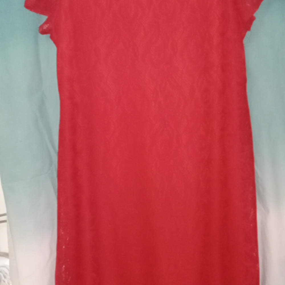 Melon (orange/red) colored dress. Midi length size 2X. Lace covered with liner.